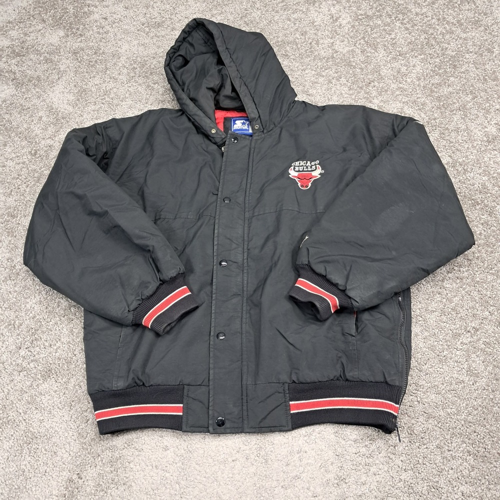 Starter Chicago Bulls NBA Hooded Puffer Jacket Black Mens Medium Vintage 90s